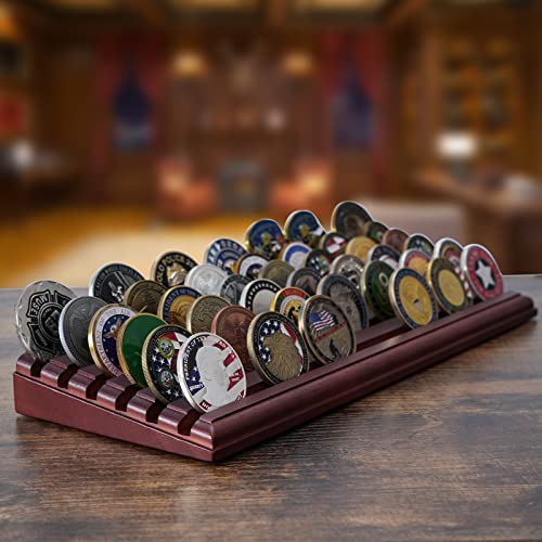 LIUYALO Challenge Coin Display, 6 Row Military Coin Holder Display Rack, Solid Wood Coin Rack Stand Holds 42 Coins with Deep Anti-Slip Grooves, Collector Display for Desk or Shelf - color: bronze