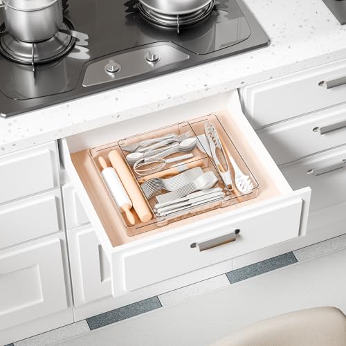 Yieach Expandable Desk Drawer Organizer Tray,1.8 Inch High Junk Drawer Organizer for Kitchen,Clear Shallow Office Drawer Organizers With 10 Compartments for Pencil,Pen,Office Supplies and Accessories - size: M-9.3 to 15.6x12.6x1.8 In
