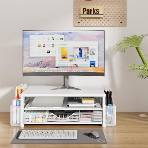 OPNICE Desk Organizers and Accessories, 2-Tier Computer Monitor Stand Riser with Drawer and 2 Pen Holders, Laptop Stand, Office Desk Accessories for Office Supplies, White - color: White 1-Pack