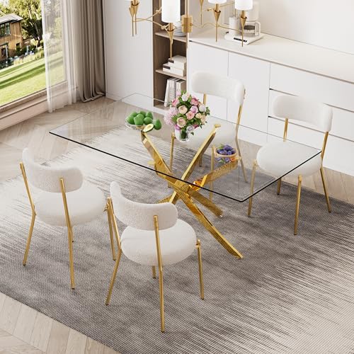 5 Piece Rectangular Glass Dining Table Set, 63'' Modern Kitchen Table Set Gold Base with 4 Luxury White Gold Boucle Dining Chairs, Dining Table and Chairs for Home, Apartment - color: Golden+white Gold Chairs, size: 63'' + 4 Chairs