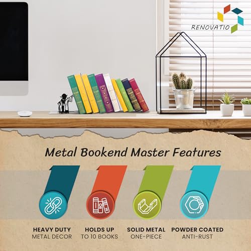 Renovatio Black Metal Bookend – Cute, Unique, Geeky Decor for Home, Office & Kids Room – Heavy Duty, Non-Slip Minimalist Bookends for Shelves – Master - style: Master
