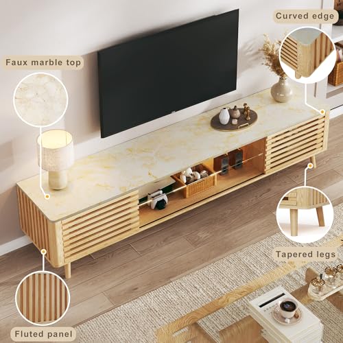 HUAHUU 70" TV Stand for 55/65/75 Inch TV, Faux Marble Top Entertainment Center with Slatied Sliding Door & LED Lights, Mid Century Modern Style, Low TV Console with Glass Shelves for Bedroom