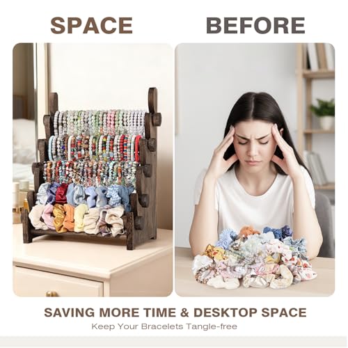 TOPNEW 5 Tier Wooden Bracelet Holder, Scrunchie Bangle Watch Necklace Display Storage Jewelry Holder Stand Display Organizer, Brown - color: 5 Tier Brown