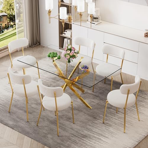 7 Piece Rectangular Glass Dining Table Set, 63'' Modern Kitchen Table Set Gold Base with 6 Luxury White Gold Boucle Dining Chairs, Dining Table and Chairs for Home, Apartment - color: Golden+white Gold Chairs, size: 63'' + 6 Chairs