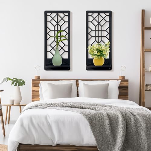 2 Pcs Black Metal Wall Art Bathroom Decor Candle Holder Wall Art Retro Line Wall Decor Living Room Minimalist Metal Wall-Mount Candle Sconces for Dining Room Bedroom Kitchen (Black-Retro)