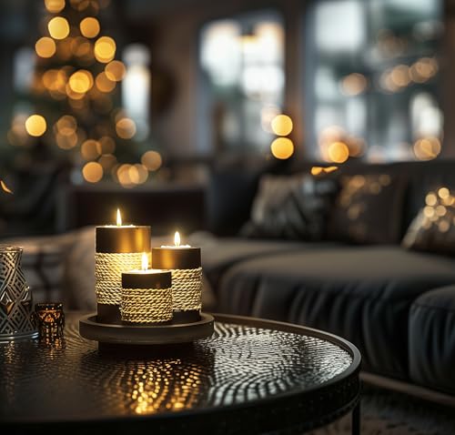 IYARA CRAFT Tealight Candle Holders with Tray – Set of 3 Rustic Black Wooden Candle Holders with Natural Rope Accent, Cozy Centerpiece for Romantic Dinner Table Decor, Anniversary & Housewarming Gifts
