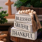 4 Pcs Farmhouse Wooden Tabletop Decor Neutral Farmhouse Tiered Tray Decor Rustic Retro Wood Bead Garland Blessed Grateful Thankful Block Sign Centerpiece for Coffee Home Office Shelf Mantle Table - style: Blessed