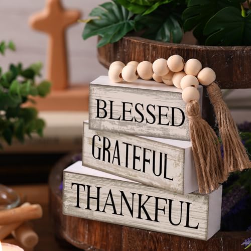 4 Pcs Farmhouse Wooden Tabletop Decor Neutral Farmhouse Tiered Tray Decor Rustic Retro Wood Bead Garland Blessed Grateful Thankful Block Sign Centerpiece for Coffee Home Office Shelf Mantle Table - style: Blessed