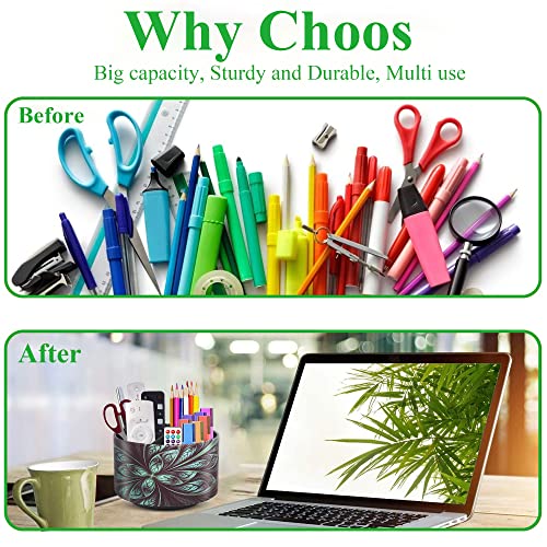 lizimandu Round Leather Art Supply Organizer,Remote Control Holder,360 Degree Rotating,Multi-Functional Pencil Holder,4 Compartments Desktop Stationary Organizer(1-Green Flower) - color: 1-Green Flower