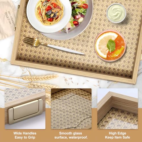 Rattan Woven mesh Surface Wood Serving Tray with Metal Handles, 16.3x13 in Food Drinks Tray for Coffee Table, Breakfast, Dinner & Bar,Kitchen,Party (Rattan Weaving/Large) - color: Rattan Weaving/Large