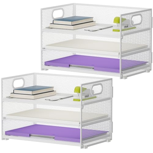 Marbrasse 3 Tier Paper Organizer Letter Tray, Mesh File Organizer with Handle, Paper Sorter Desk Organizer for Home Office Supplies - 2p Pink - color: White - 2p