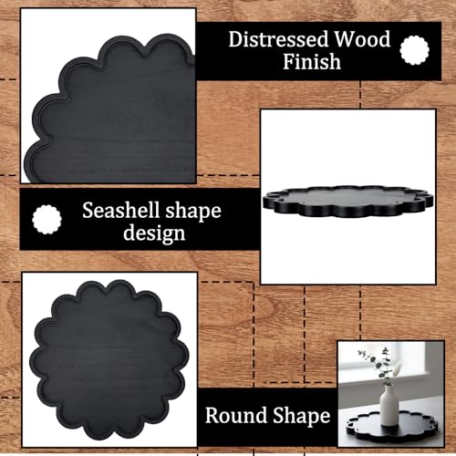 BreezeHug Black Decorative Serving Tray Wood 12.6 Inch Scalloped Serving Tray Round Wooden Display Plate with Scalloped Borders for Coffee Table Living Room Bedroom Entryway Decoration - color: Black