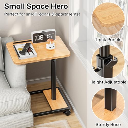 Adjustable TV Tray Table - 360° Rotating C Shaped End Side Table Sofa Couch Bed Table with Wheels for Eating Living Room Laptop - color: Oak