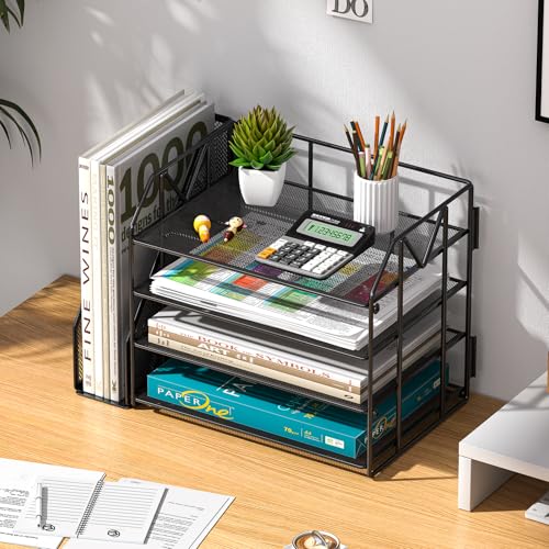 4-Tier Paper File Organizer with Drawer, Metal Desk Organizer, Tiered Paper Tray for Letter/A4 Files, Desktop Office Supplies Storage Rack, Black - color: 4-Tier with Bookend