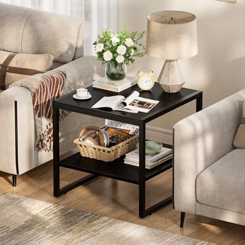 Homieasy End Table, 20 Inch Square End Table, Mini Fridge Stand with 2-Tier Storage Shelves, Industrial Wood Side Table Small Table Stand for Living Room, Bedroom, Office, Black - color: Black