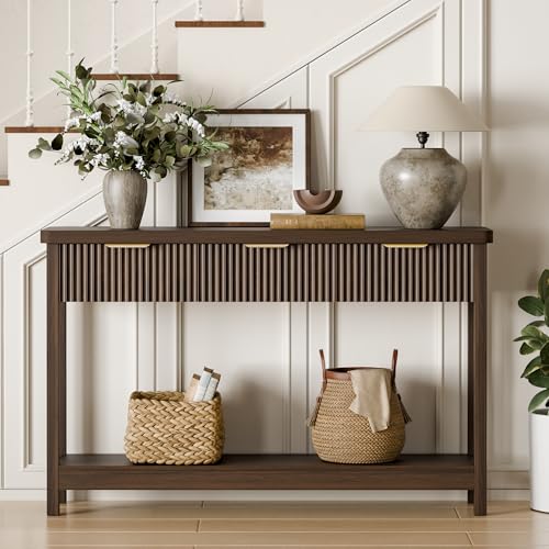 Lulive 51" Fluted Console Table for Entryway, Entryway Table with 3 Wooden Drawers, Farmhouse Behind Sofa Table for Living Room, Hallway, Couch, Foyer - color: Walnut