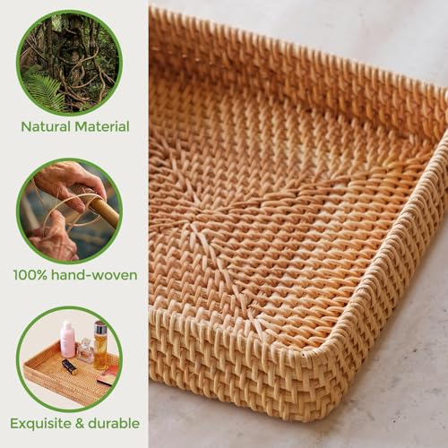 Rattan Serving Tray, Square Woven Storage Basket, Wicker Baskets for Organizing, Natural Wicker Decorative Serving Baskets for Organizing Tabletop Bathroom Kitchen Counter Square - style: S (8.2" × 8.2")