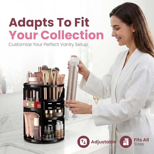 360 Rotating Makeup Organizer - Adjustable Shelf Height and Fully Rotatable. The Perfect Cosmetic Organizer for Bedroom Dresser or Vanity Countertop. (Black) - color: Black