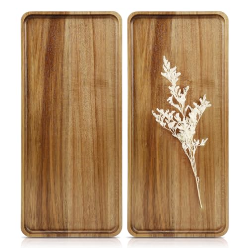 2 pcs 15.7" x 7" Large Solid Acacia Wood Serving Trays Rectangular Wooden Serving Platters Natural Wooden Boards for Bar Coffee Party - size: 15.7" x 7" x 1.2"