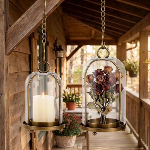 Metal Candle Holder Set (5.3"×11.8" & 3.9"×7.8"), Gold Hurricane Glass Candle Holders for Pillar Candles Wedding Party Table Coffee Table Decor