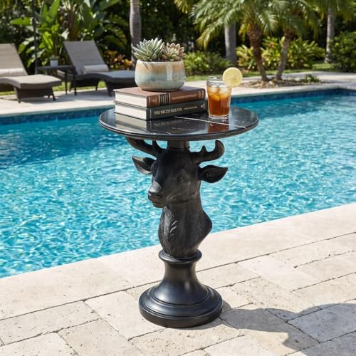 Modern Accent Table with Black Deer Sculpture Base, Minimalist Faux Marble End Table for Living Room Reception Area & Bedroom, 19.69 Inches Wide × 25.59 Inches High - style: black deer
