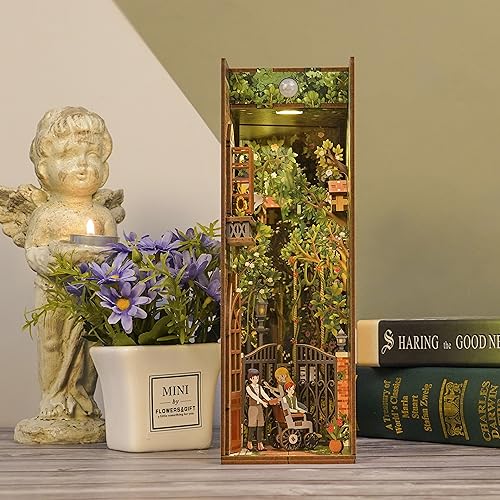 Tonecheer DIY Book Nook Kit for Adults, 3D Wooden Puzzle Bookend Bookshelf Insert Decor, Booknook Miniature House Kit with Body Motion Sensor LED Light (The Secret Garden)