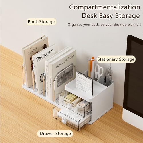Desk Organizer with Bookends, Desktop Storage Box with 2 Drawers 3 Top Compartments and 4 Bookends, Multi-Functional Desk Accessories Organizer for Home Office School Supplies (White)
