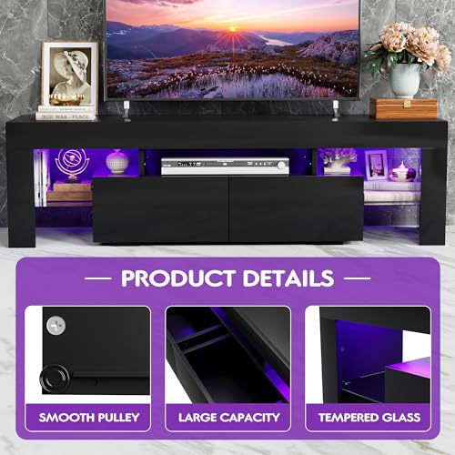 JUMMICO TV Stand, Modern Lighting TV Cabinet Entertainment Center Media and Open Shelf, TV Console Table with 1 Drawer and Remote Control, 20 Color LED Lights up to 70 Inch TV (Black) - color: Black, size: 60 Inches