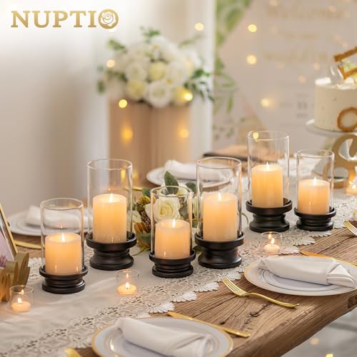 NUPTIO Hurricane Glass Candle Holder: Set of 2 Black Pillar Candle Holders with Glass Cylinder - Metal Pillars Candleholder for Halloween Thanksgiving Fireplace Living Room Decor - color: Black