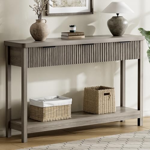 Lulive 51" Fluted Console Table for Entryway, Wooden Entryway Table with 3 Wooden Drawers, Farmhouse Behind Sofa Table for Living Room, Hallway, Couch, Foyer - color: Dark Gray