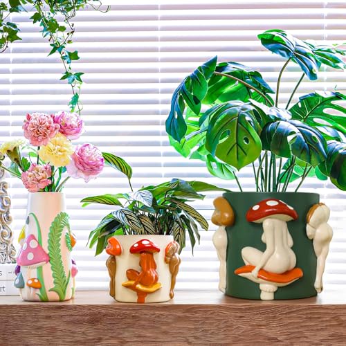 GUGUGO Mushroom Lady Body Plant Pots 8 Inch, Quirky Unique Cute Planters Boho Funky Eclectic Home Decor, Mushroom Butt Flower Pots, Indoor Planting Pot, Modern Aesthetic for Decorating, Dark Green - color: Dark Green, size: 8Inch