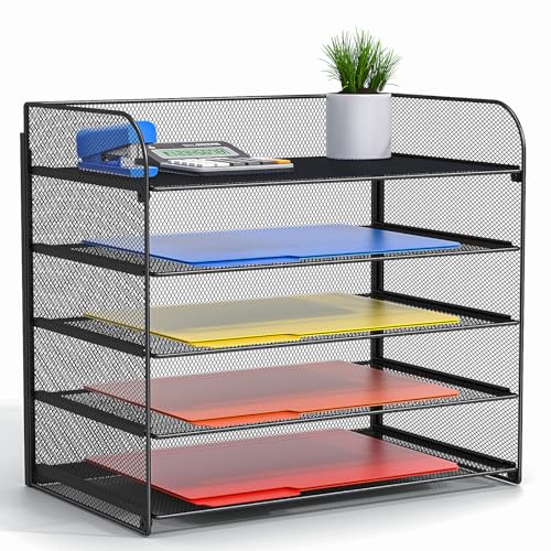 Legal/A4 5 Tier Paper Organizer,Paper Tray Holder for Desk,Letter Size File Holder/Sorter,File Folders Shelf Organizer for Office,School,Home,Solid Steel,Mesh,Sturdy,Leakproof,Large Capacity