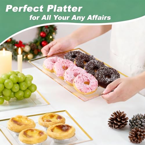 FOCUSLINE 8 PCS Plastic Serving Trays for Party, Clear and Gold Rim Serving Platters and Trays, Premium Plastic Fruit Tray, Disposable Platters for Cupcake, Dessert, Appetizers - color: Clear