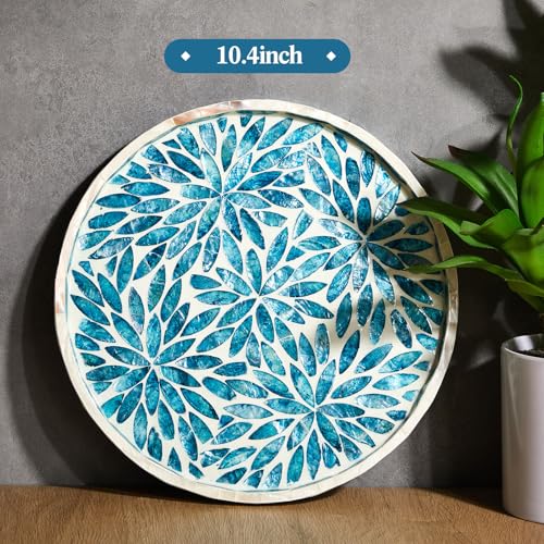 Chunful Mother of Pearl Round Serving Tray Wood Coffee Table Tray 10.4 Inch for Tea Breakfast Kitchen Cabinet(Leaf Style) - style: Leaf Style