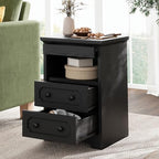 LIKIMIO Night Stand, Modern Bedside Table with 2 Drawers, Open Shelf, End Table with Pull-Out Tray, Wood SideTable, Black - color: Black