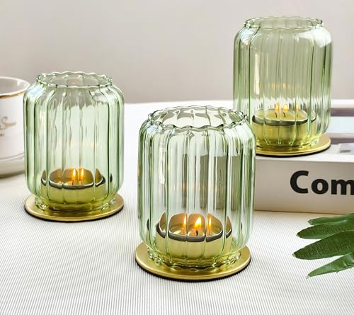 Vixdonos Glass Hurricane Tealight Candle Holder with Metal Candle Stand,Set of 3 Modern Windproof Votive Candle Holders for Wedding Party Table Centerpiece Outdoor,Green - color: Green