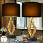 Sculptural Table Lamp Set of 2 with USB Ports For Living Room, Gold Leaf Finish Farmhouse Bedside Lamps with S Cluster Pull Chains Switch for Bedroom, Rustic Nightstand Lamp for Office, Hotel, Bar - size: 26 inches Gold Leaf -029