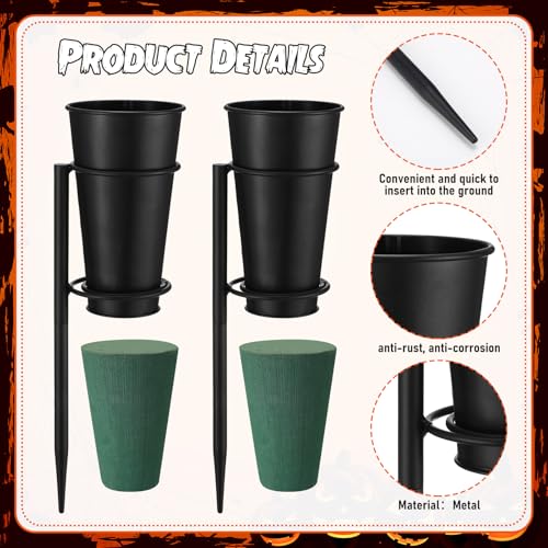 2 Sets Metal Cemetery Flower Vase with Stake for Grave, Flower Holder in Base Graveyard Vase with Floral Foam for Grave Decoration, Black