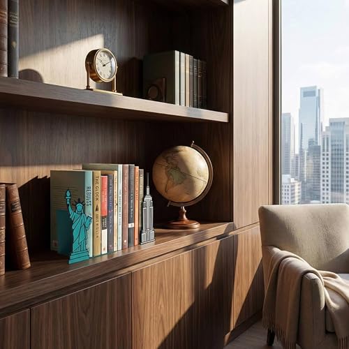 NYC Bookends with Statue of Liberty and Empire State Building Design - Steel with Epoxy Coating - Decorative Pair of Book Holders for Shelves, Desk, and Office - Geguton - color: Nyc