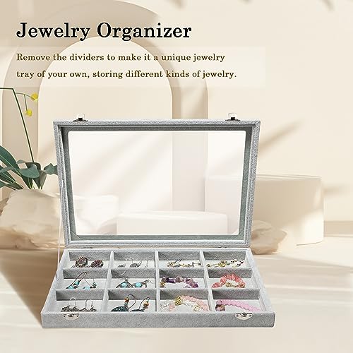 Stratalife Jewelry Holder Organizer Jewelry Organizer Box Bracelet Storage Velvet Jewelry Tray with Clear Lid Jewelry Drawer Organizer Jewelry Display Tray 12 Grid Grey - color: Gray, size: 12 Grid