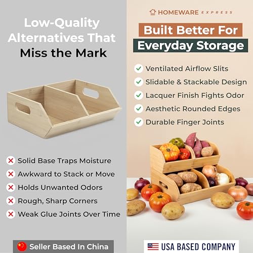 Potato and Onion Storage Bin – Stackable Ventilated Bamboo Storage System for Kitchen Counter or Pantry – Multi-Level Produce Organizer for Garlic, Fruits & Vegetables