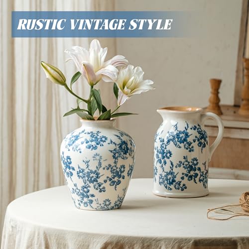 Blue and White Vase, 8 Inch Vintage Chinoiserie Ceramic Vase, Rustic Flower Vases Decorative Antique Vases for Home Decor, Retro Ice Cracked Porcelain Farmhouse Table Centerpieces Decor - color: Blue & White, size: Round