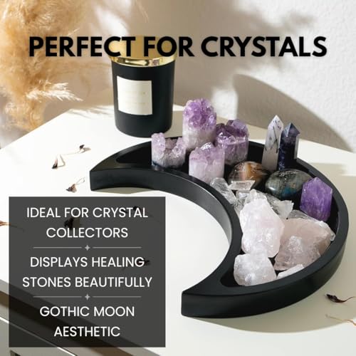 Black Moon Crystal Display Tray - Gothic Wooden Altar Tray 10.5" x 5" for Crystals and Stones Storage - Solid Wood Jewelry Organizer Dish - Spiritual Decor - color: Black