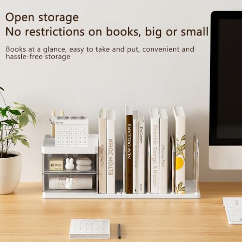 Desk Organizer with Bookends, Desktop Storage Box with 2 Drawers 3 Top Compartments and 4 Bookends, Multi-Functional Desk Accessories Organizer for Home Office School Supplies (White)