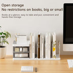 Desk Organizer with Bookends, Desktop Storage Box with 2 Drawers 3 Top Compartments and 4 Bookends, Multi-Functional Desk Accessories Organizer for Home Office School Supplies (White)