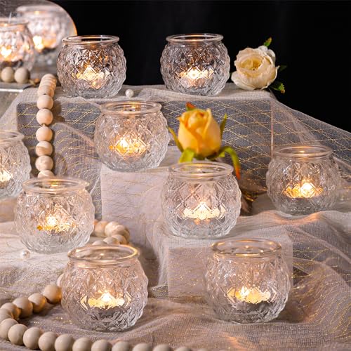 DARJEN 12Pcs Clear Votive Candle Holders - Round Glass Candle Holders for Tea Light Candle, Embossed Candle Votives for Wedding Centerpiece, Living Room & Home Table Decor - color: Clear, size: 12PCS