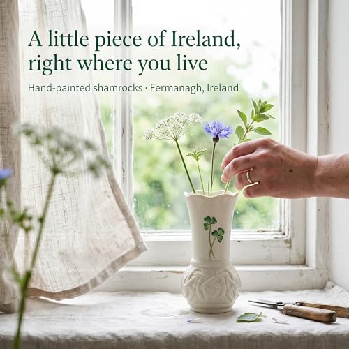 Belleek Durrow 4 Inch Shamrock Vase - Handcrafted Fine Parian China Irish Decor - White Flower Vase, 2" D x 4" H