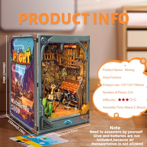 Roroom DIY Book Nook Kit, DIY Dollhouse Bookshelf Insert Decor Alley,3D Wooden Puzzle with LED Lighting Book Nook Wood Bookend Model Building(SQ40) - color: Sq40-mining Zone Fortress