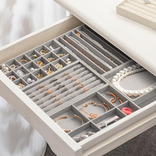 SPAKOWN Jewelry Drawer Organizer Inserts Set of 9, Velvet Jewelry Trays for Drawers, Storage for Earring, Ring, Necklace, Watch, Bracelet (Grey) - color: Grey