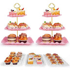 5 Pcs Dessert Display Stands, 2pcs Dessert Stands 3 Pcs Tray, Pink Dessert Display Stands, Treat Table Displays Set for Wedding Baby Shower Tea Party, Ease of Cleaning and Assembly - color: Pink